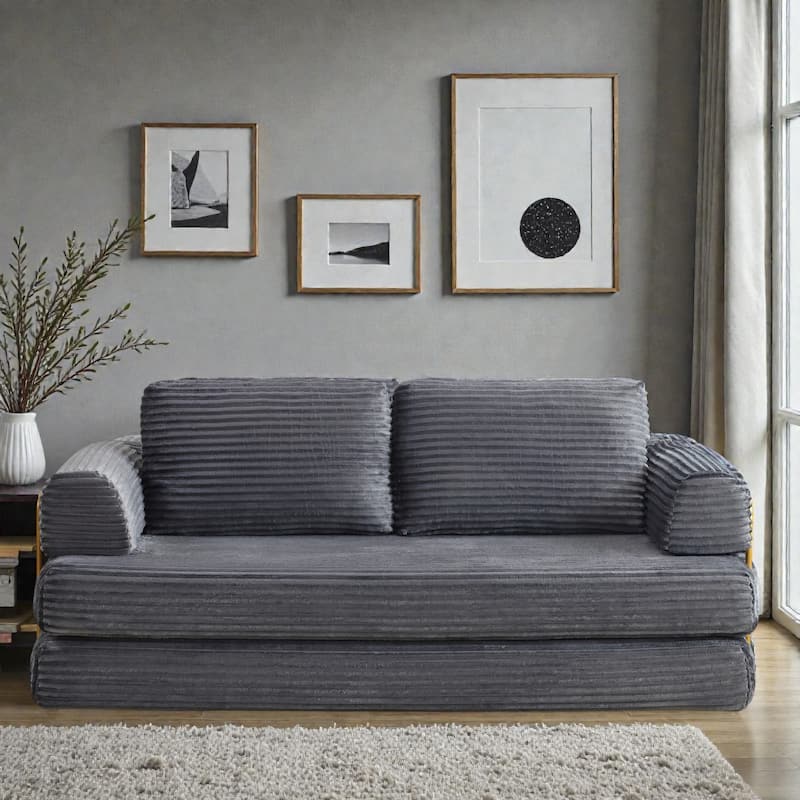 Convertible Sofa Bed Futon, Corduroy Folding Floor Couch with Pillows, Boneless Sleeper Mattress for Living Room