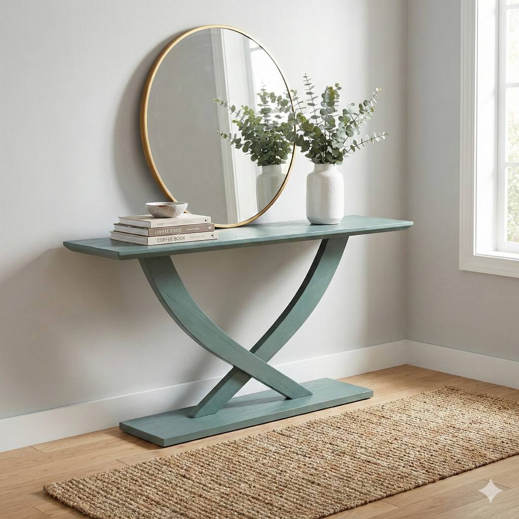 Rase 57 Inch Console Table, Cross Leg Design, Pedestal Base, Gray Green