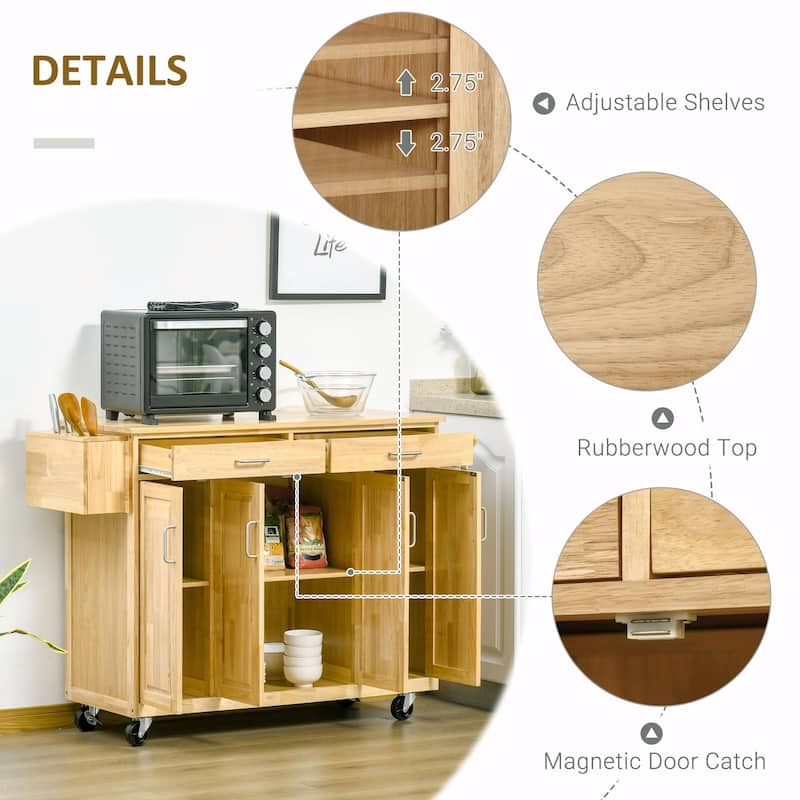 54" Kitchen Island on Wheels: Hardwood Cart with Drawers, Storage, and Tool Caddy