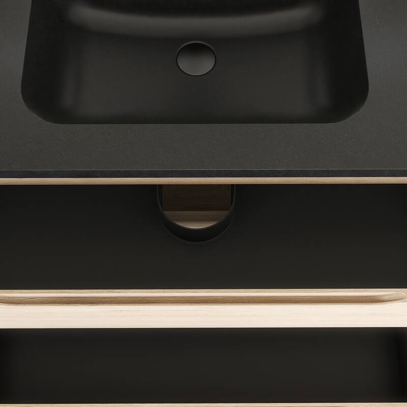 Floating Bathroom Vanity in Evita Oak with Integrated Quartz Sand Top