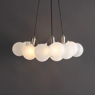 JONATHAN Y Rhys 24" 3-Light Mid-Century Glam Frosted Glass Orb LED Chandelier, White/Brushed Nickel