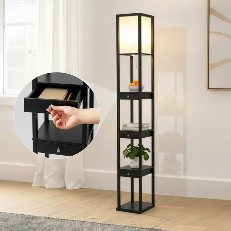 Brightech Maxwell 72 in. Traditional LED Super Bright 3-Drawer Floor Lamp with Beige Fabric Square Shade