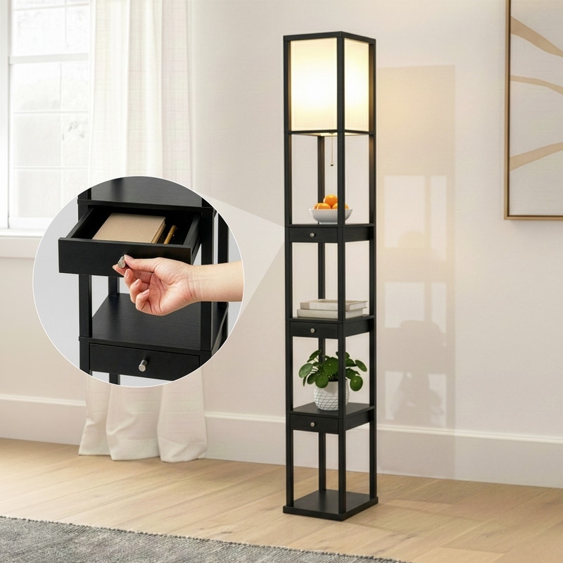 Brightech Maxwell 72 in. Traditional LED Super Bright 3-Drawer Floor Lamp with Beige Fabric Square Shade