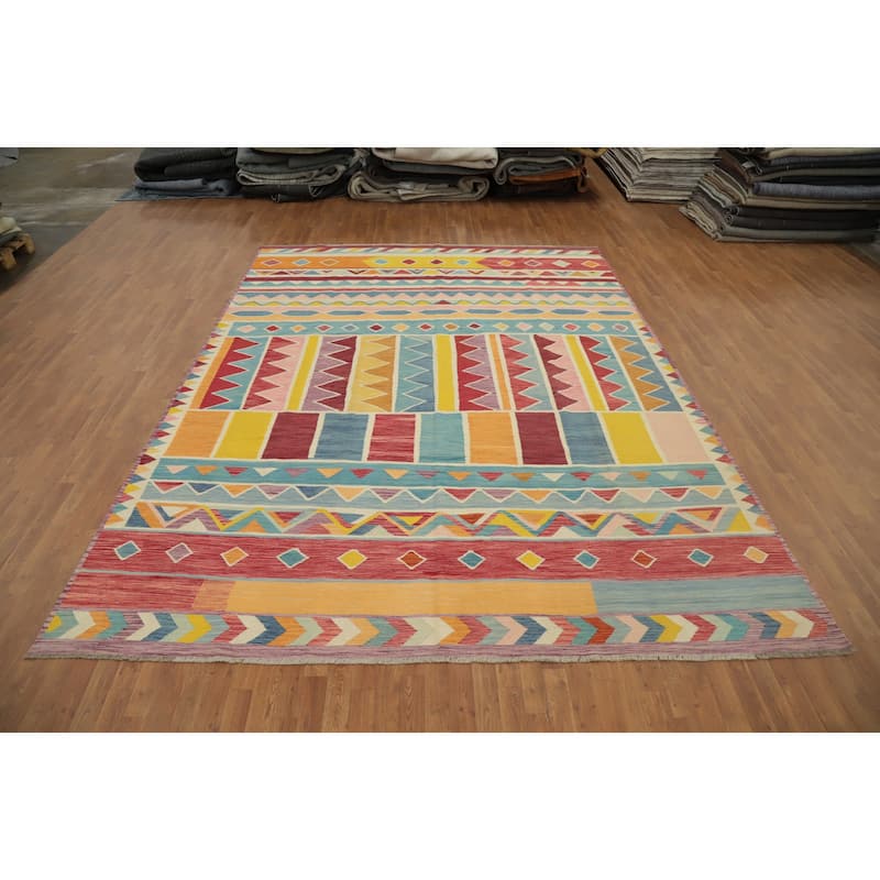 Hand Woven Oriental 100% Wool Carpet Southwestern Tribal Multi-Colored Kilim Area Rug - 12' 10'' X 9' 9''