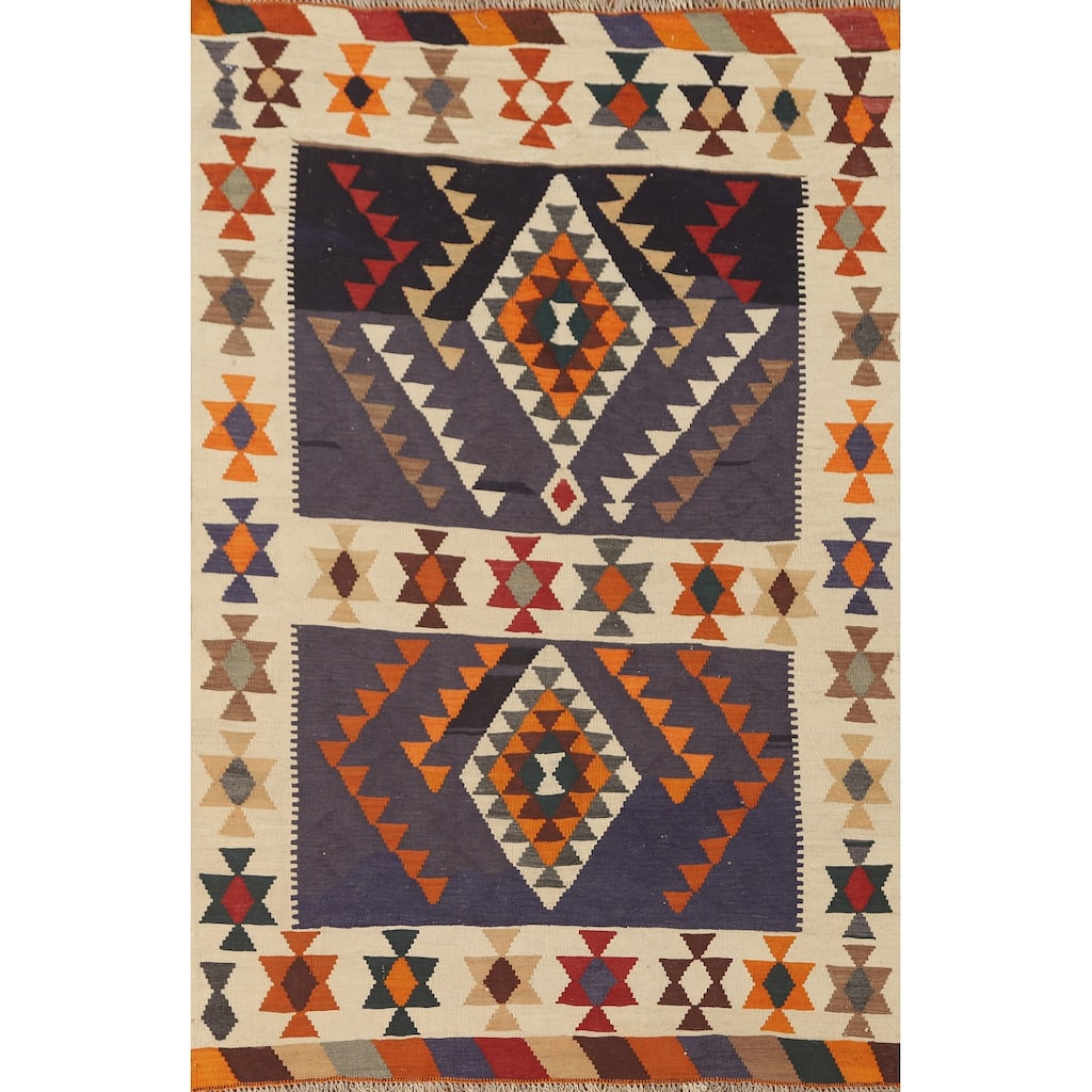 Geometric Kilim Qashqai Persian Area Rug Hand-Woven Wool Carpet - 4'4" x 6'6"