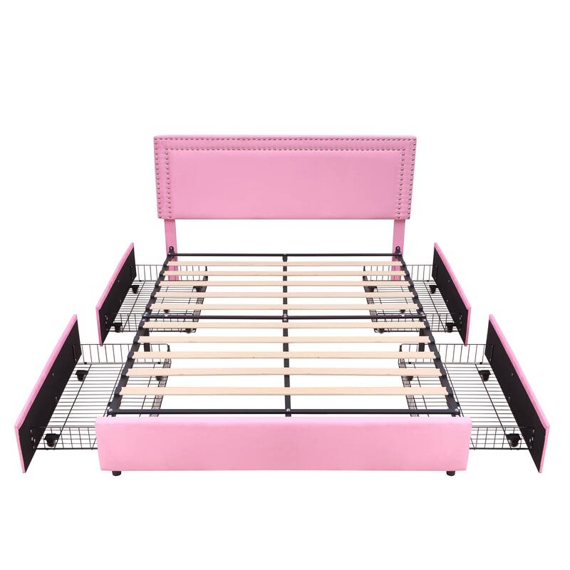 VECELO Upholstered Storage Bed Frames with 4 Storage Drawers, Platform Bed Frame with Adjustable Velvet Rivets Headboard