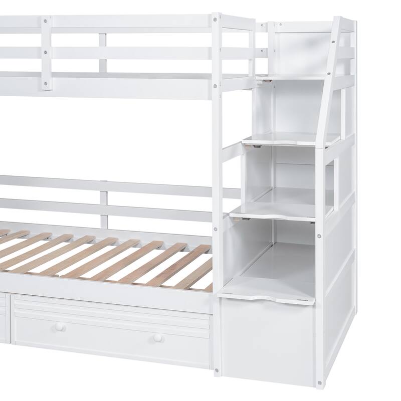 Twin Over Twin Bunk Bed with Storage Staircase, Slide, Drawers, and Desk