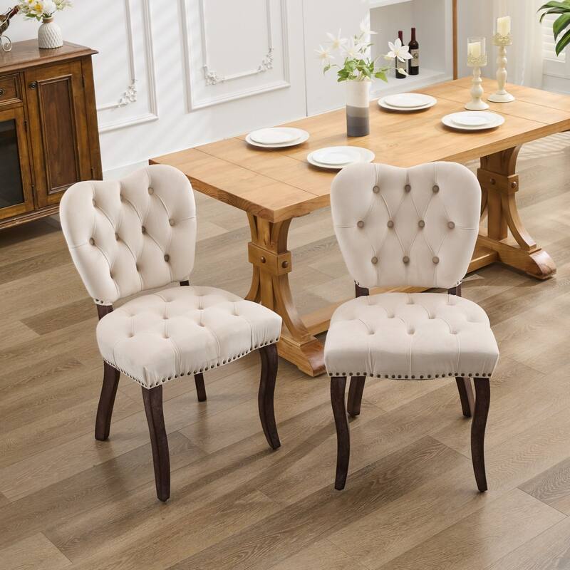 Velvet Dining Chairs Set of 2, Tufted Upholstered Kitchen Chair, Armless Lounge Side Chairs with Solid Wood Legs