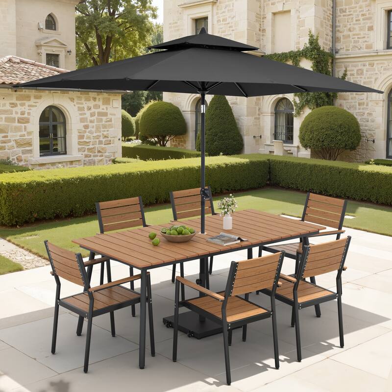 9-Piece Outdoor Dining Set Aluminum Table and 8 Stackable Chairs and 10 ft Umbrella with Base - Brown Table with Black Umbrella
