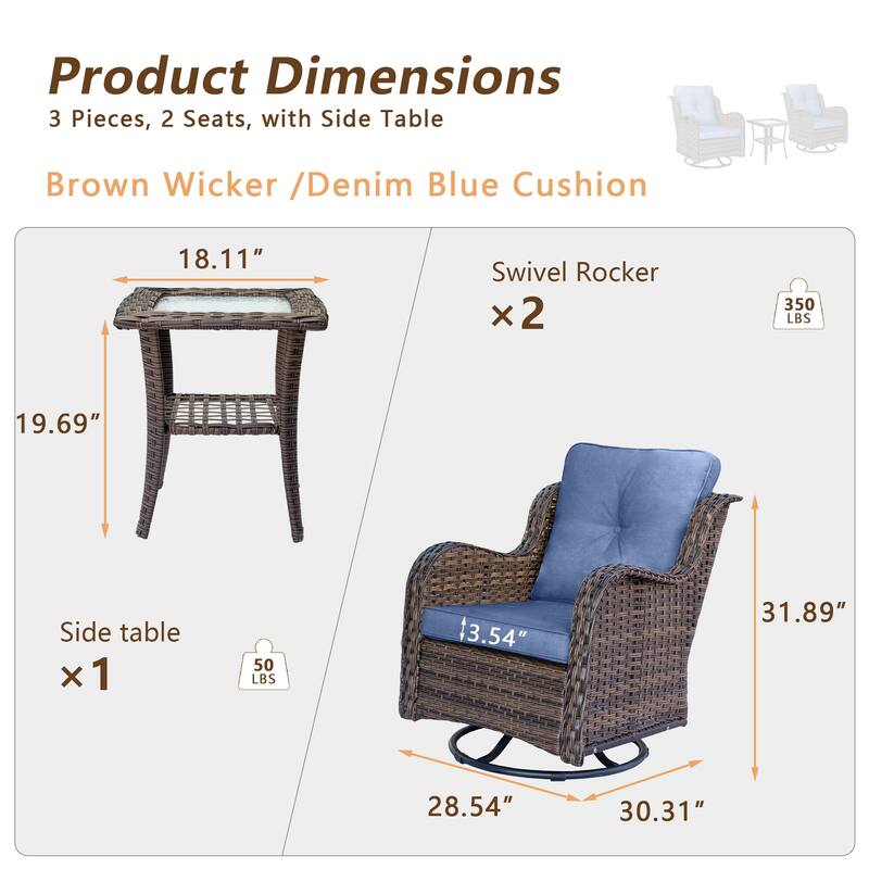 3 Piece Outdoor Patio Furniture Wicker High Back Swivel Chairs Set of 2