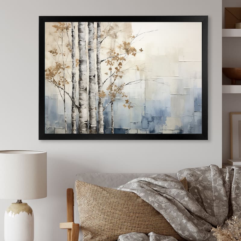 Designart "Blue And White Forest Winter Harmony" Forest Framed Wall Art Living Room