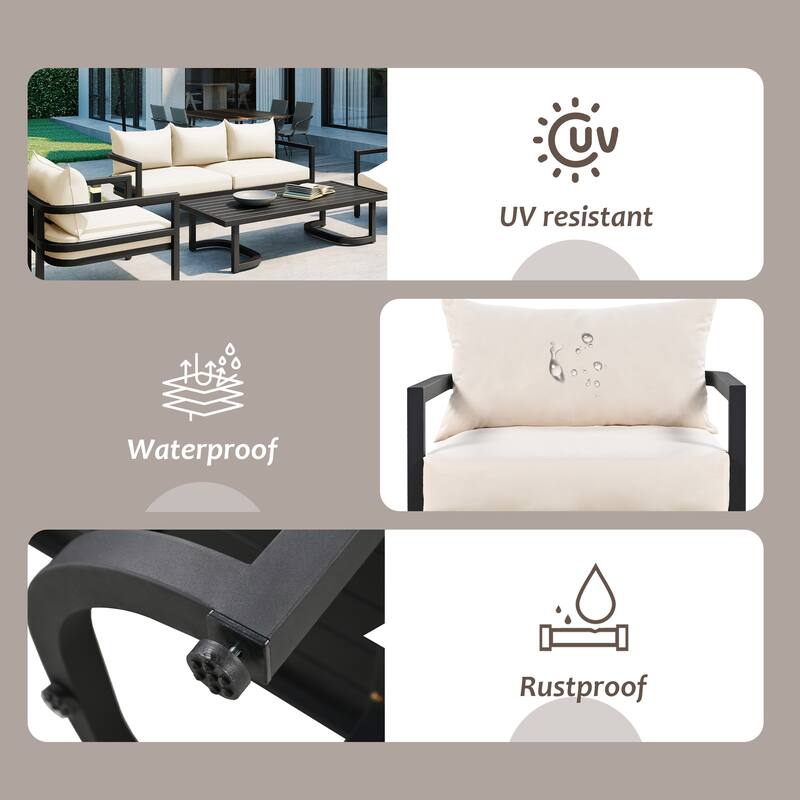 Patio Furniture Set, 5 Pcs Outdoor Steel Sofa Set, All-Weather Conversation Set with Coffee Table and 2 Single Chairs