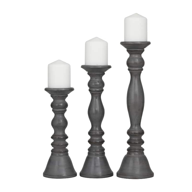 Wood Turned Style Pillar Candle Holder - Set of 3 Black, Gray - Roche River Decor