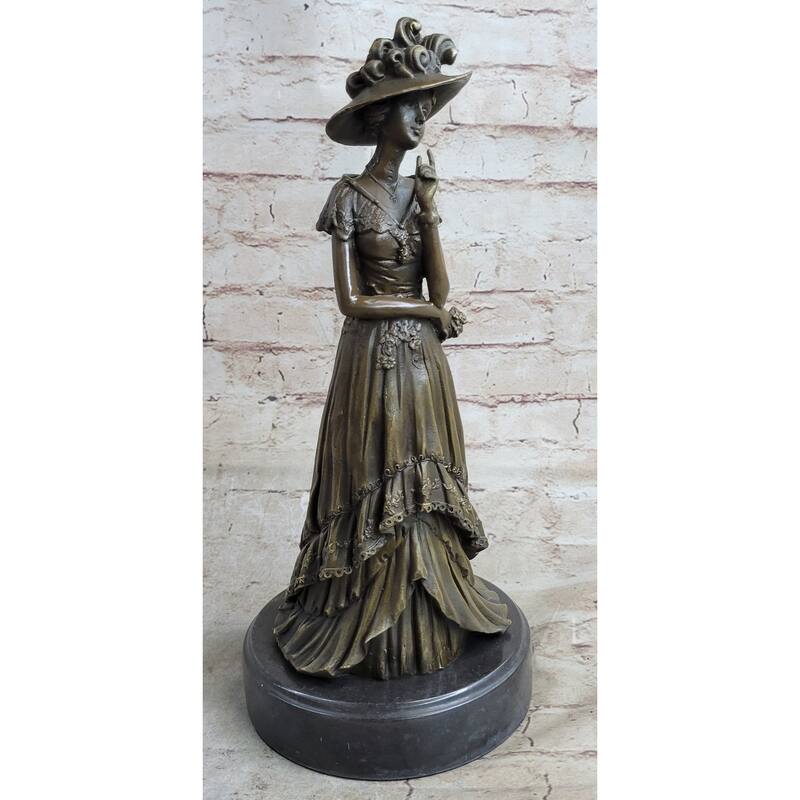Young Woman In Victorian Fashion Hat Bronze Metal Figure Statue Sculpture Decor