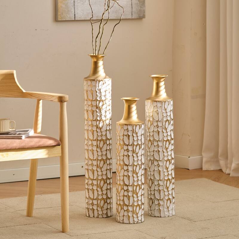Set of 3 White & Gold Leaf Metal Floor Vases - Graduated Heights for Modern Home Decor