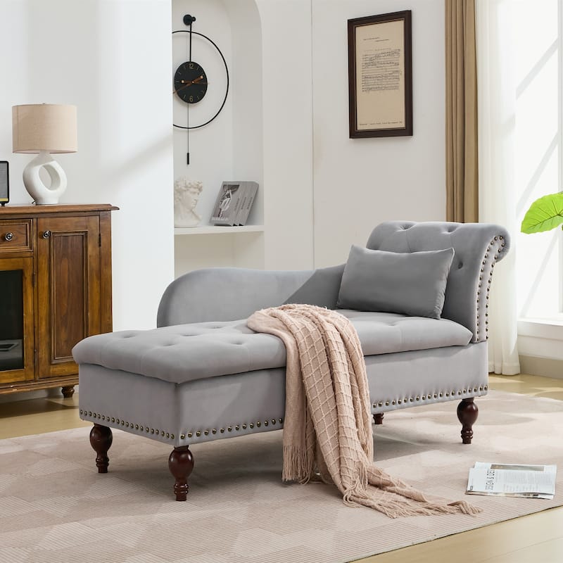 Velvet Chaise Lounge with a Storage Function, Tufted Cushions & Nailheads