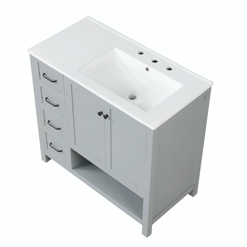 36" Bathroom Vanity - Sink Top, Two Doors, Two Drawers, and Open Shelf