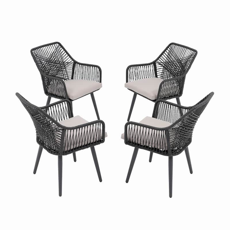 Outdoor Patio Woven Rope Dining Chairs With Armrest and Seat Cushions