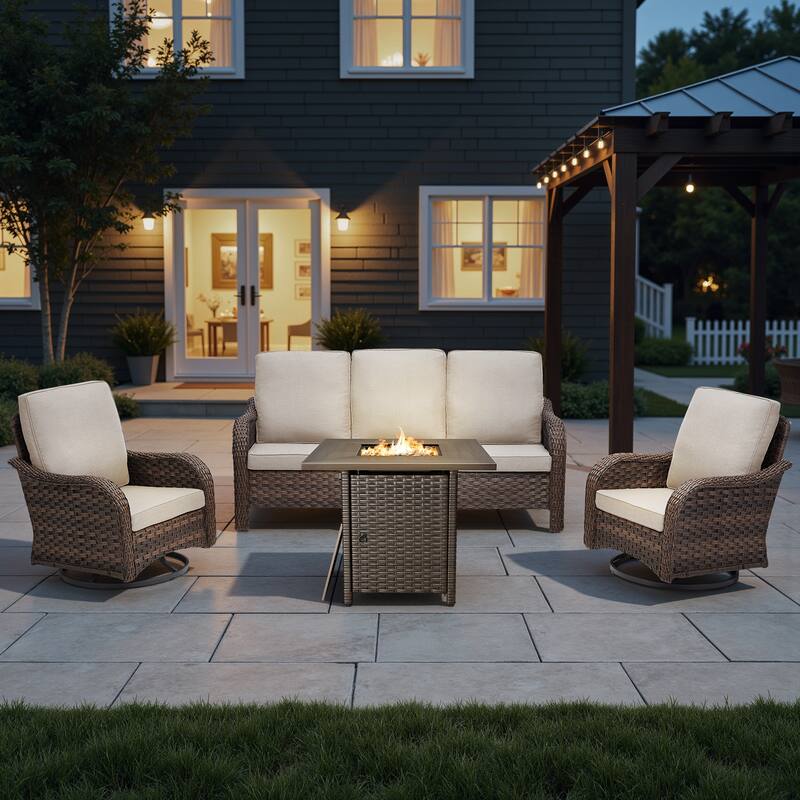 Pocassy Patio Sofa Swivel Chair with Fire Table Funiture - Beige Cushion - Brown Wicker - 4-Piece Sofa Swivel Chair with Fire Table