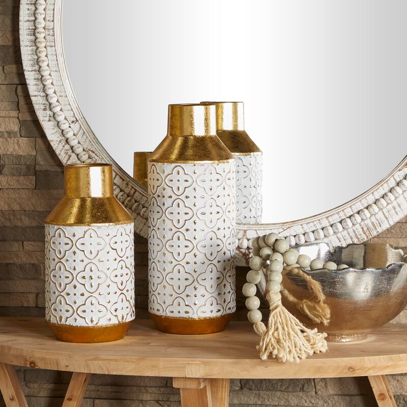 Gold Metal Handmade Embossed Quatrefoil Decorative Vase with Gold Detailing (Set of 2) - 16", 12"H - 16", 12"H - Gold