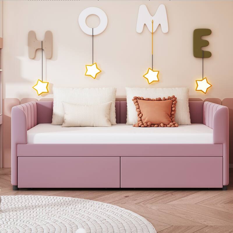 Twin Size Daybed Velvet Upholstered Sofa Bed with Trundle, Wood Platform Slat Support Bed Frame, Striped Tufted Backrest