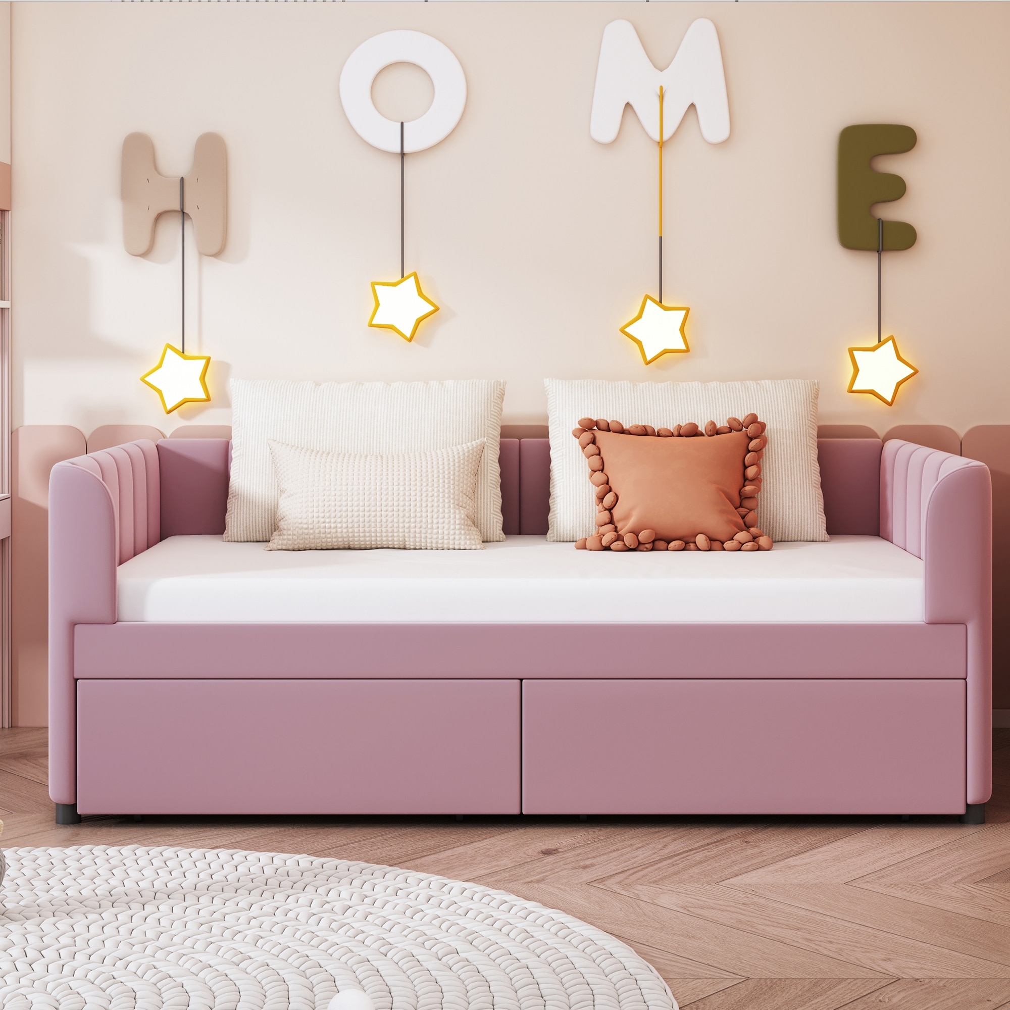 Twin Size Upholstered Daybed with Stripe Headboard and 2 Storage Drawers, Velvet Daybed Sofa Bed for Teens Bedroom, Pink