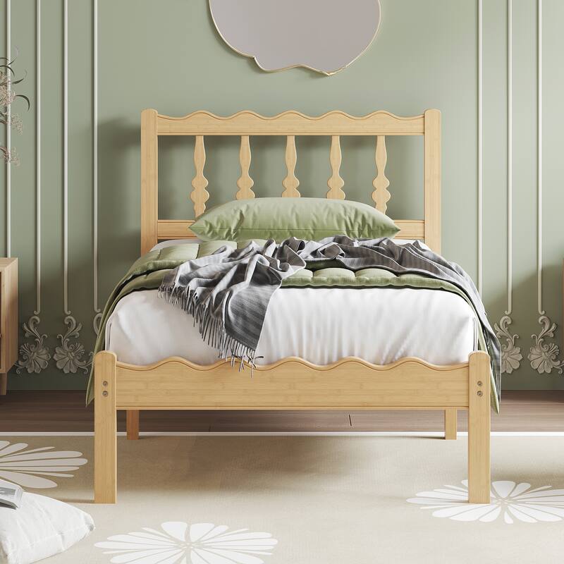 Solid Bamboo Bed Frame with Headboard, Heavy Duty Metal Slat Support, Easy Assembly - Natural - Twin