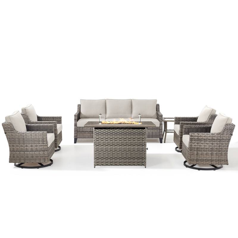 Pocassy 7 Pieces Fire Pit Table w/ Sofa Swivel Chair