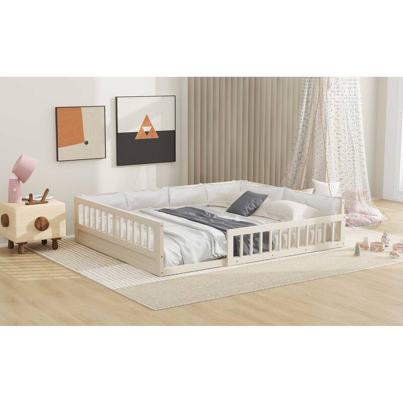 Roomfitters Wood Full Size Upholstered Platform Bed with Guardrail, Supportive Pillow and Cozy Modern Design