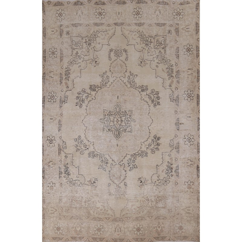 Distressed Tabriz Vintage Persian Rug Handmade Muted Wool Carpet - 6'2" x 9'2"