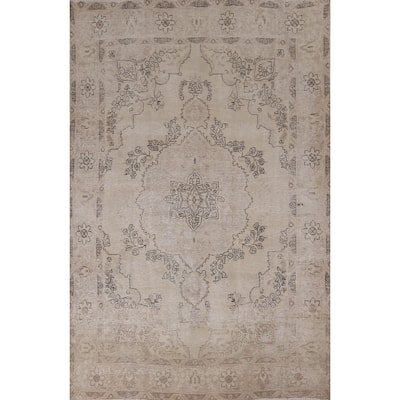 Distressed Tabriz Vintage Persian Rug Handmade Muted Wool Carpet - 6'2" x 9'2"
