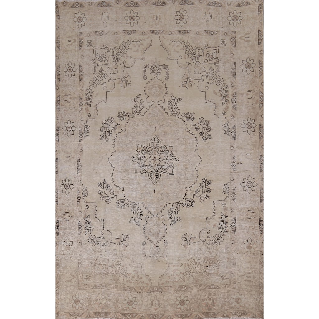 Distressed Tabriz Vintage Persian Rug Handmade Muted Wool Carpet - 6'2" x 9'2"