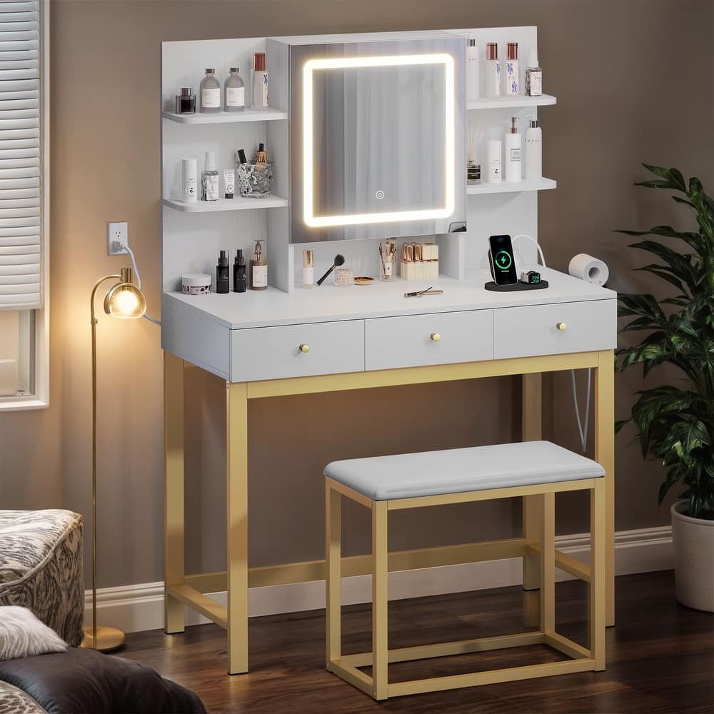 Moasis 39.3" Wide Makeup Vanity Set with Lighted Mirror & Power Outlet