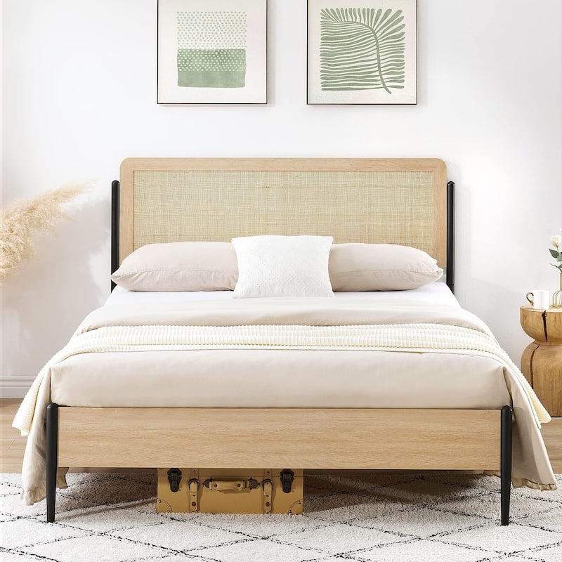 Rattan Bed Frame with Natural Rattan Headboard
