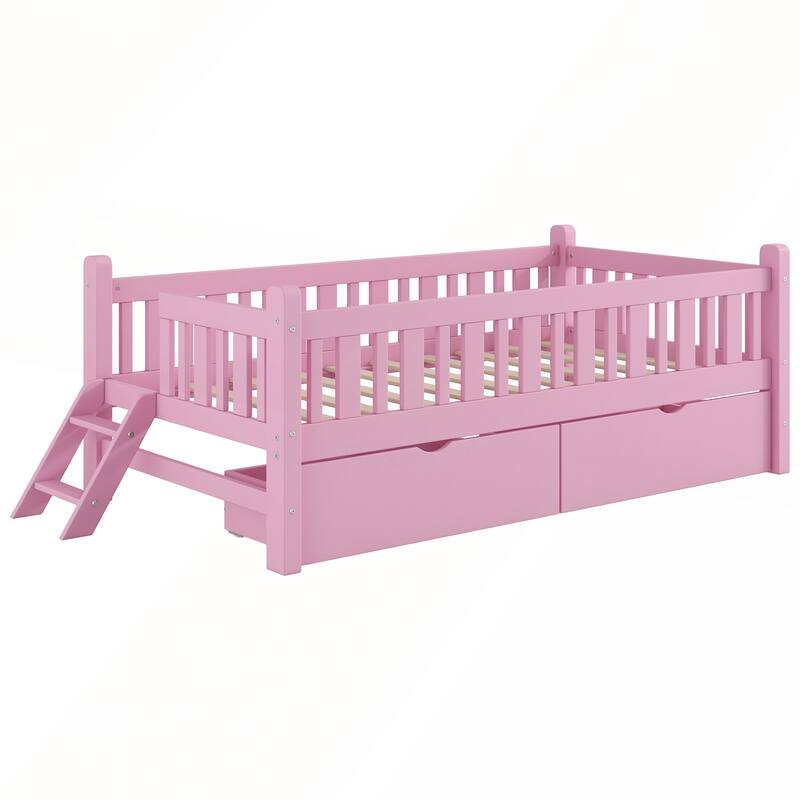 Wood Twin Size Platform Bed with Guardrail and 2 Drawers
