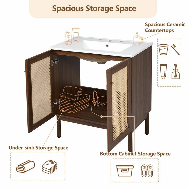 30" Bathroom Vanity with Handwoven Bamboo Doors, MDF Cabinet