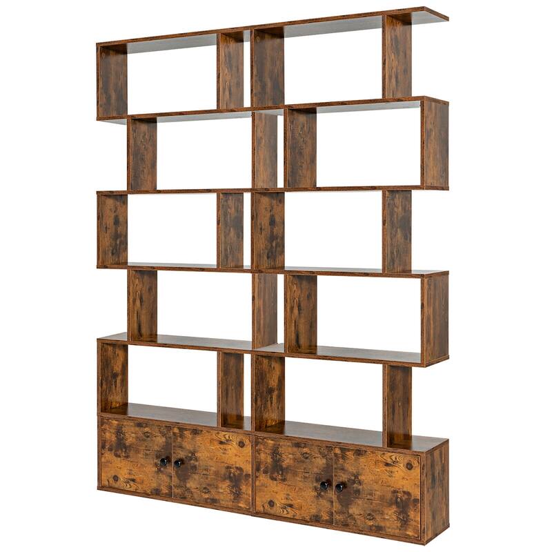 Gymax 2 PCS Bookshelf w/ Cabinet 6-Tier S-Shaped Bookcase Storage Rack