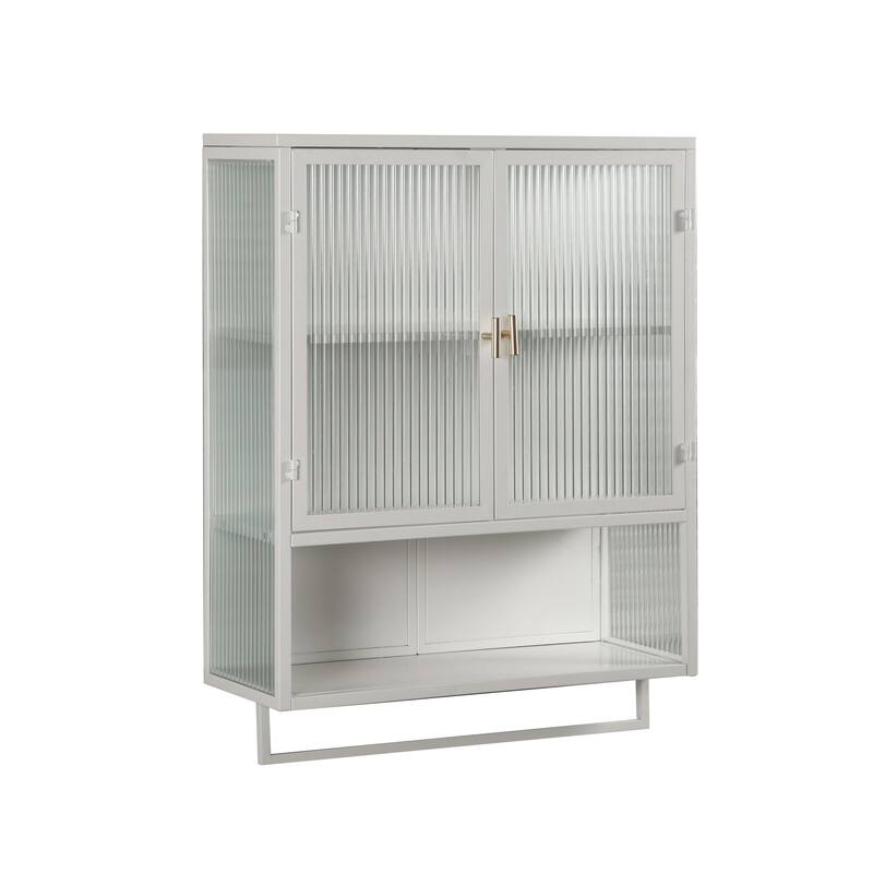 Wall-Mounted Black Sideboard with Fluted Tempered Glass, Two-Tier Storage Cabinet and Open Shelf