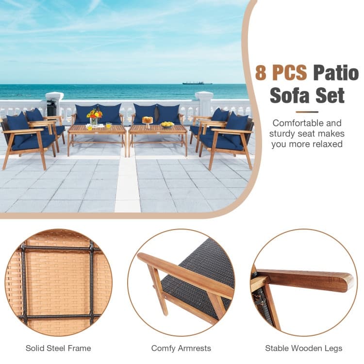 4 Piece Acacia Wood Patio Rattan Furniture Set with Cushions - 45" x 27.5"x 29.5" (L x W x H)
