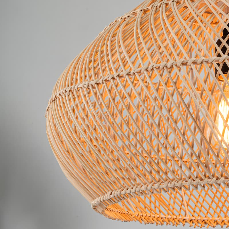 Zula Coastal Large Rattan Pendant Light in Brass Rustic Wood Accent Ceiling Light - 19.7