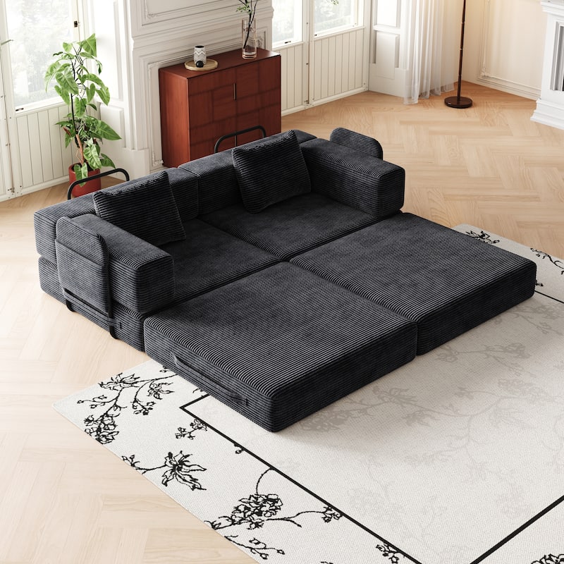 Folding Loveseat Sofa Convertible Sleeper Sofa Bed, Floor Standing Couch Bed Corduroy Floor Mats with Side Pockets and Pillows