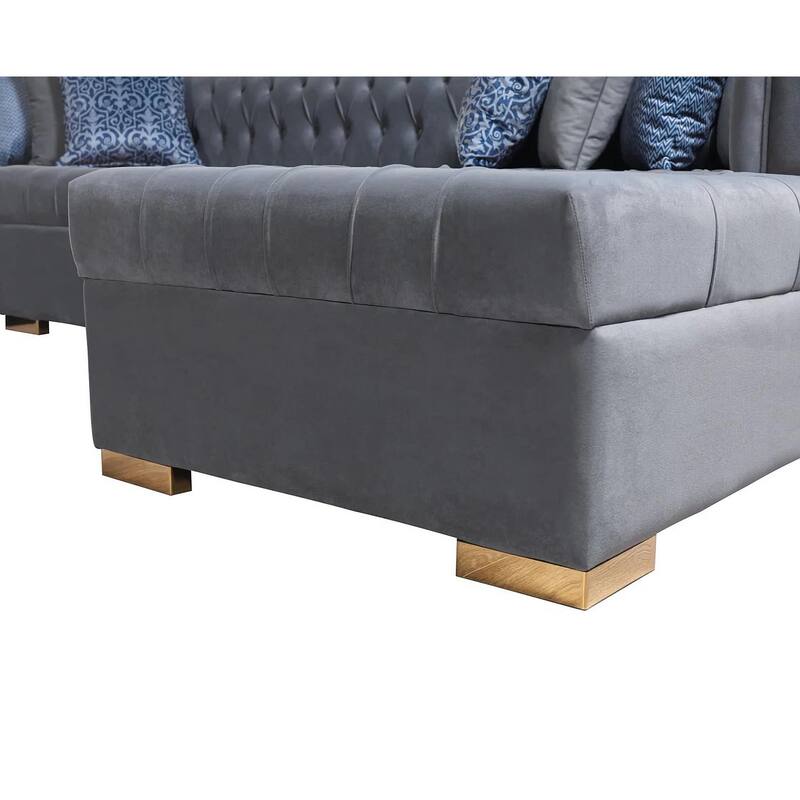 HomeRoots Gray Velvet U Shaped Three Piece Sofa and Chaise Sectional With Toss Pillows