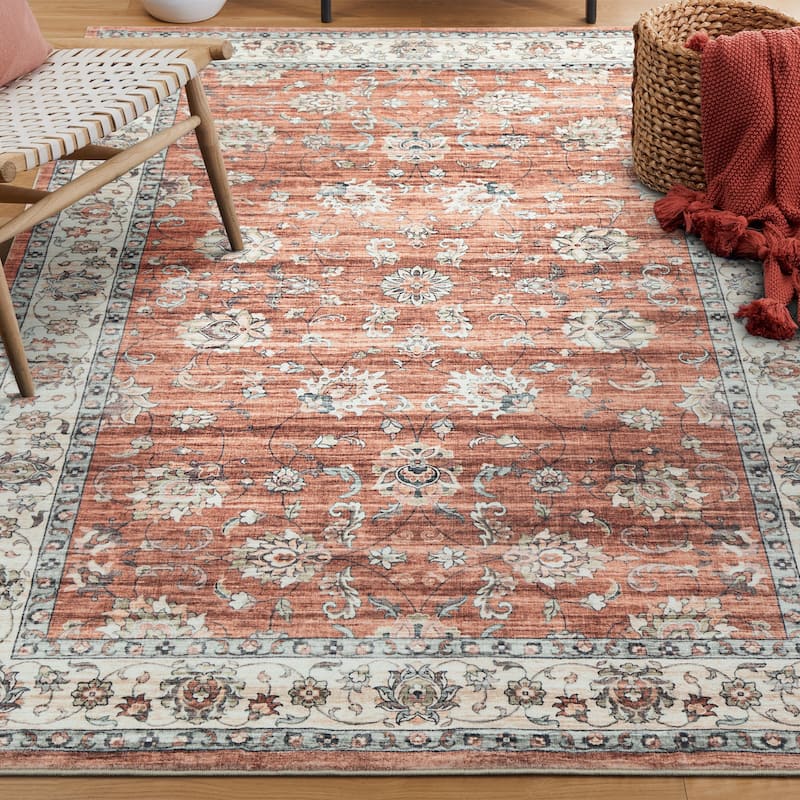 Glitzhome Traditional Distressed Floral Boho Printed Oriental Area Rugs