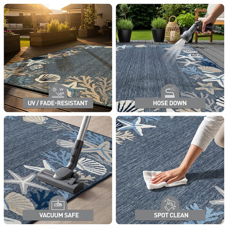 World Rug Gallery Indoor/Outdoor High-Low Textured Area Rug, Coastal Border Easy-Clean Patio Rug