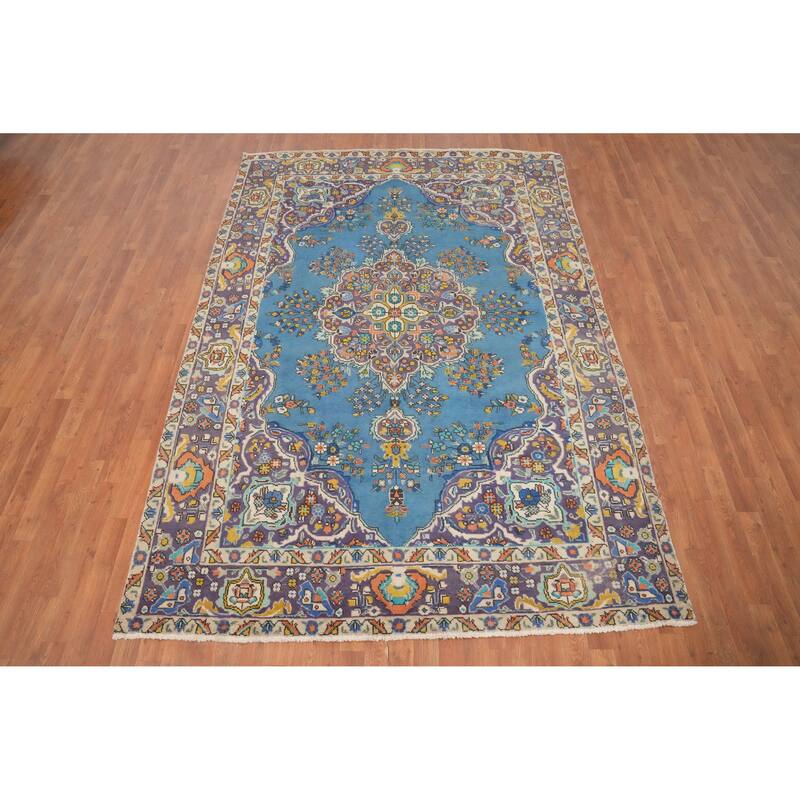Hand Knotted Oriental 100% Wool Carpet Traditional Floral Navy Blue & Blues Tabriz Area Rug - 9' 6'' X 6' 7''