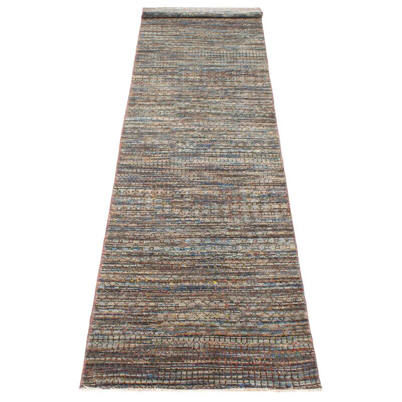 ECARPETGALLERY Hand-knotted Silk Shadow Dark Navy Silk, Wool Rug - 3' x 13' 11"