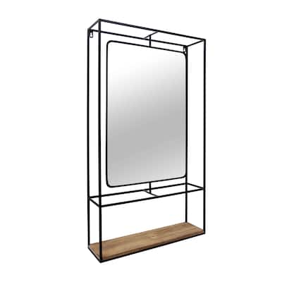 20"Lx6"Wx36"H Metal/Wood Wall Mount Shelf with Mirror, Black/Brown Finish, Ideal for Stylish Wall Storage, Organization