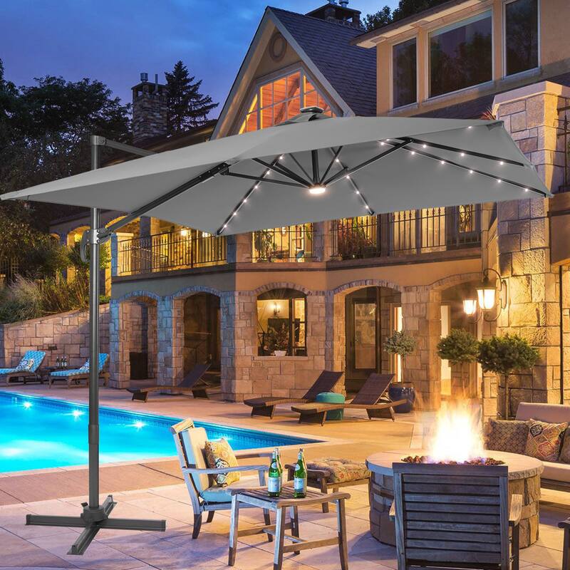 LIVOOSUN Aluminum 10x8FT LED Rectangular Cantilever Patio Umbrella - Light Grey