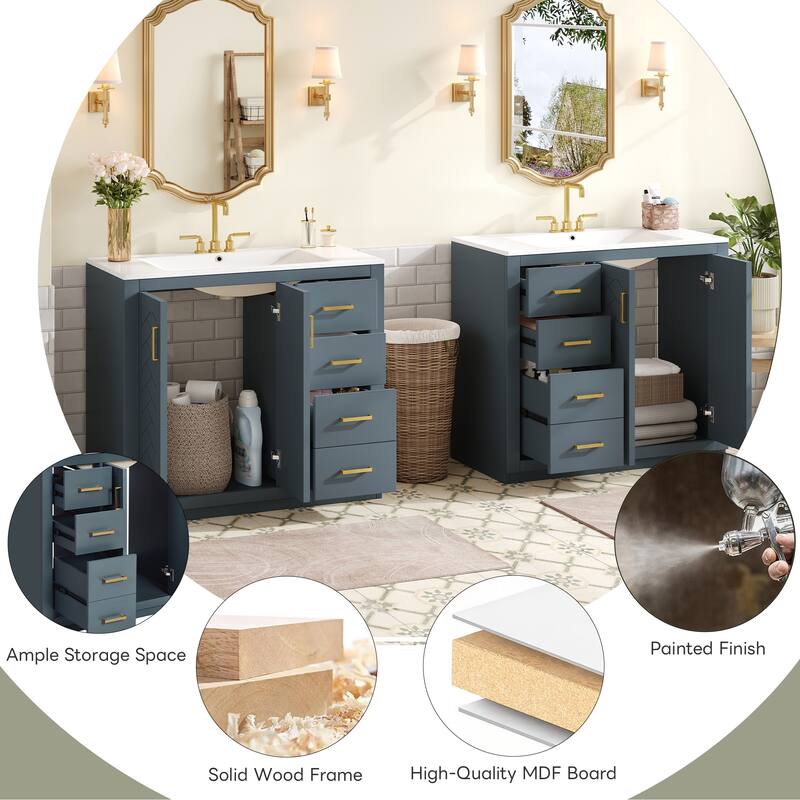 72" Solid Wood Freestanding Bathroom Vanity with Dual Ceramic Sinks, Double Storage Cabinet with Drawers and Soft-Close Doors