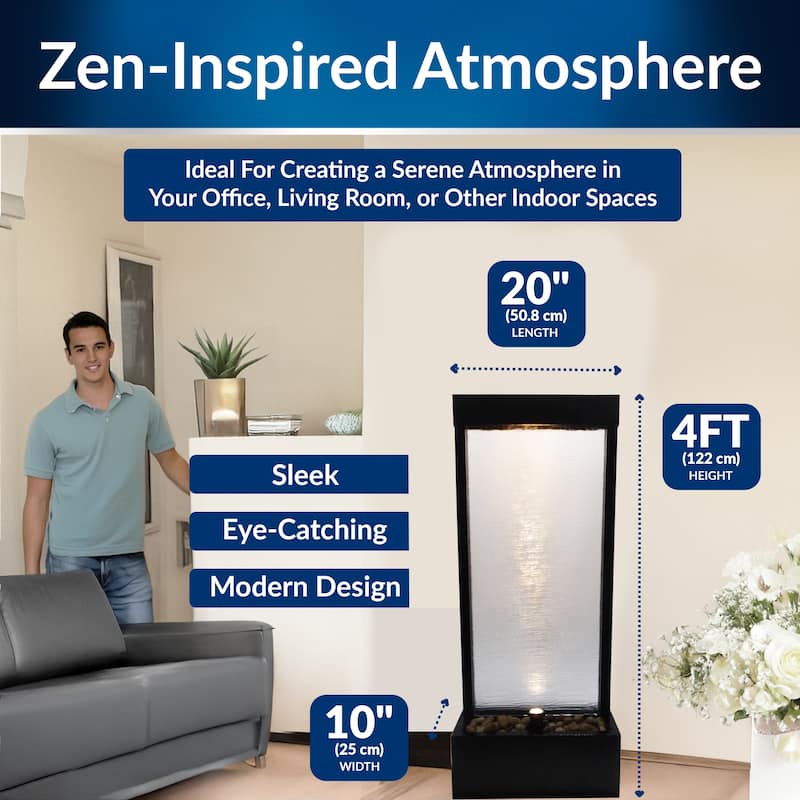 Alpine Corporation MLT170S 48" Indoor/Outdoor Waterfall Fountain with LED, Modern Glass & Aluminum Black Wall Feature